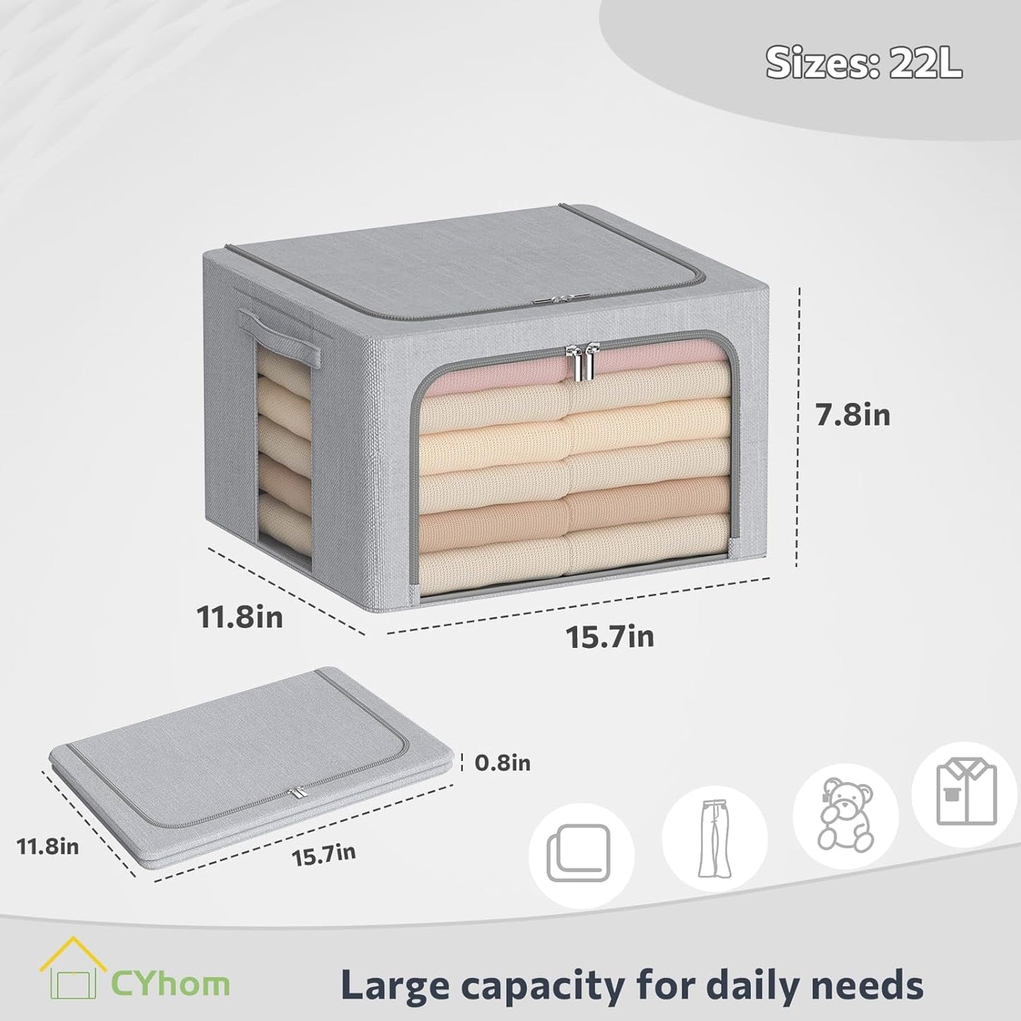 Clothes Storage Bins Box - Foldable Stackable Container Organizer Set with Clear Window & Carry Handles & Metal Frame - 2Pack Large Capacity for Bedding, Blankets, Books