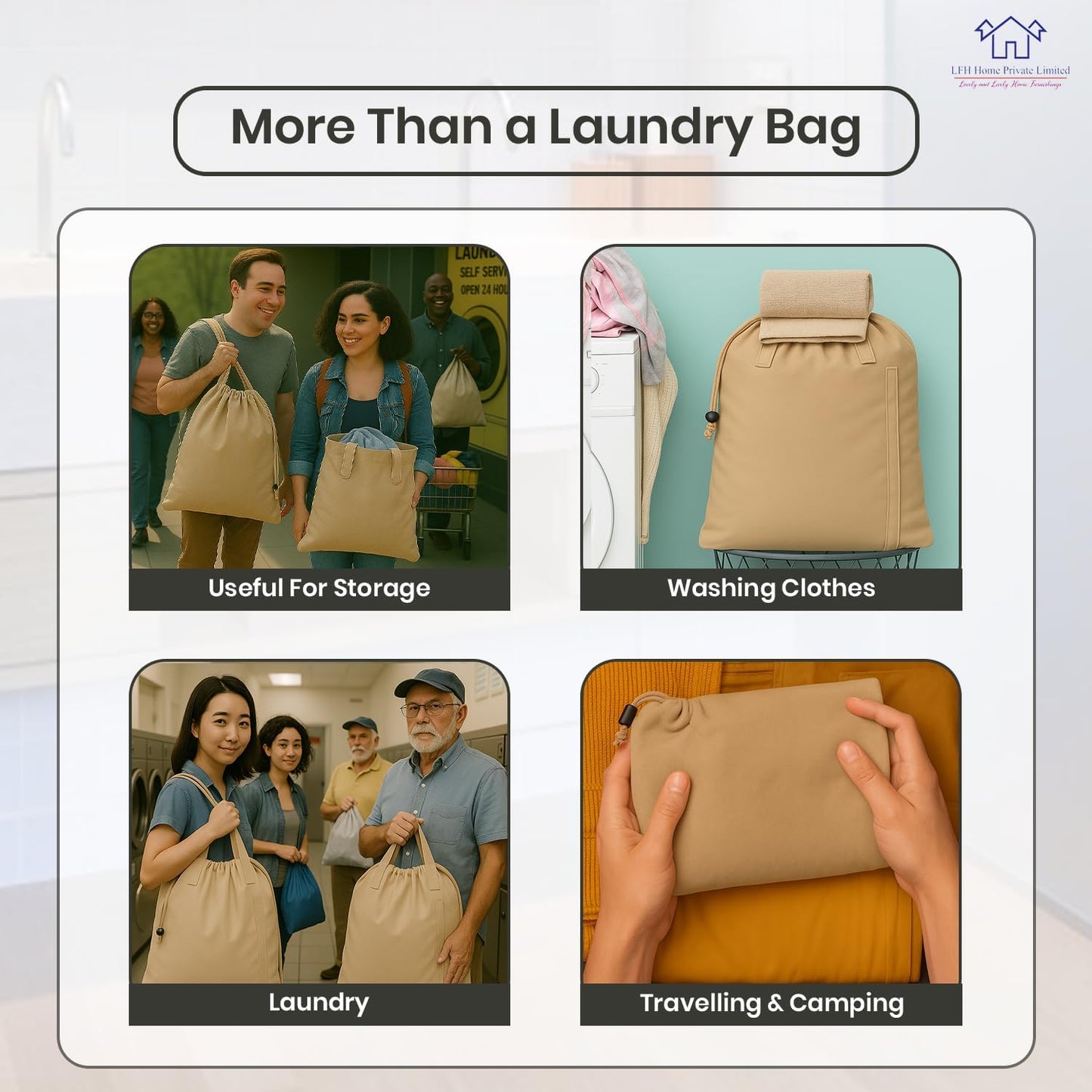 LFH Home Cotton Canvas Large Laundry Bag with Handle, Heavy Duty Drawstring Closure Washable Laundry Bags, School Travel, Home, Hotel, College Dorm, Organizer Sack, Toys Clothes 28x40-Beige