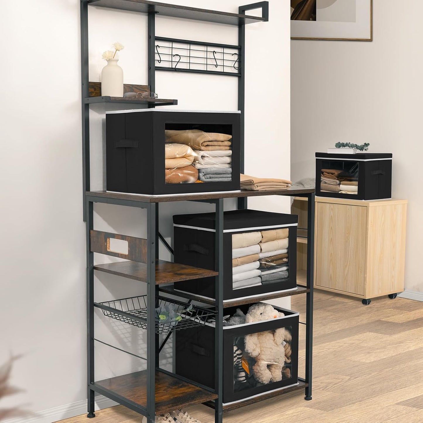 Storage Bins with Lids, 3 Pack Large Storage Cubes with Window, Closet Bins with Lids & Handles, Fabric Box for Organizing Clothes, Towels, Books, Black