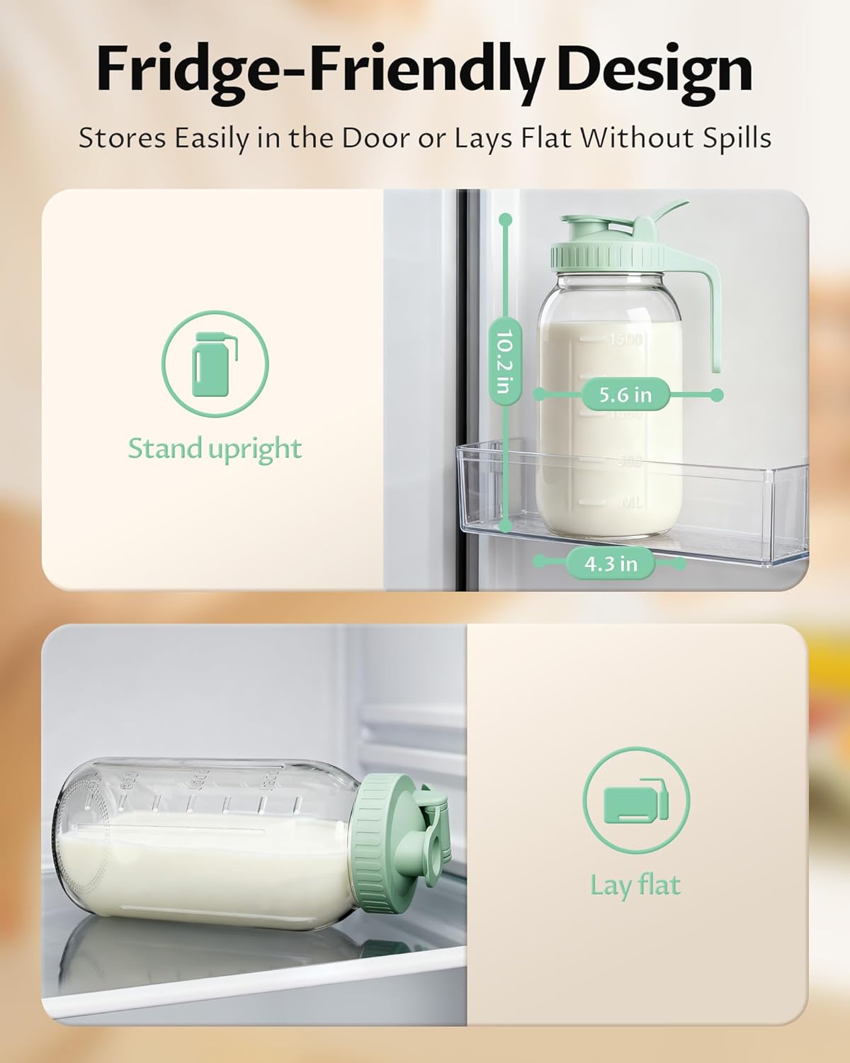 64oz Glass Breast Milk Pitcher with Lid & Pour Spout, 2 Quart Airtight Leakproof BreastMilk Fridge Storage Container - Wide Mouth, Dishwasher Safe Formula Pitcher with Handle