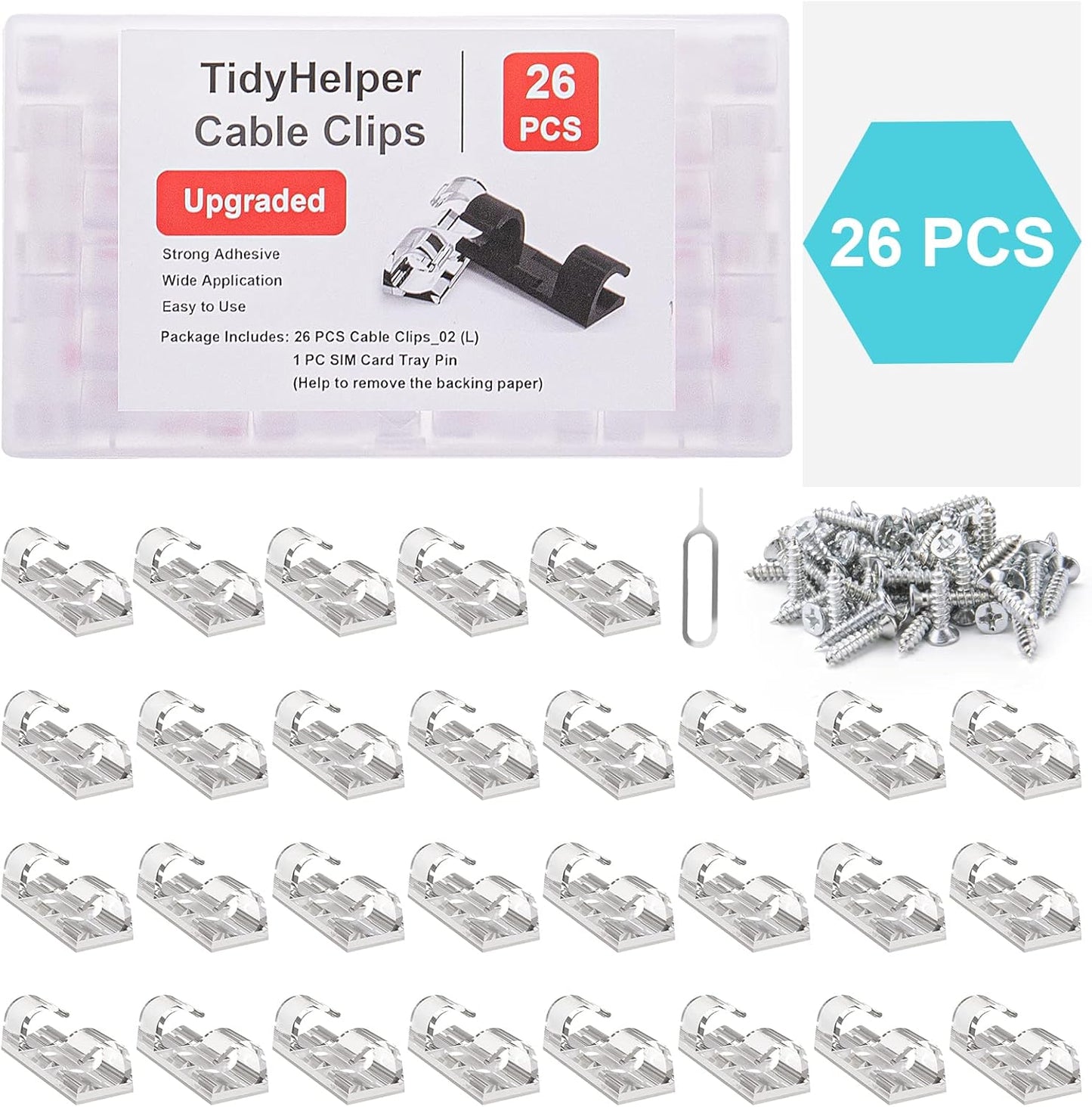 Cable Clips Clear (Large, 26PCS), Heavy Duty Extension Cord Clips Wall, Adhesive Wire Holders Clips Electric Wires Cord Organizer, Powre Cable, PC, Ethernet, TV-Coax, LED Light Clips