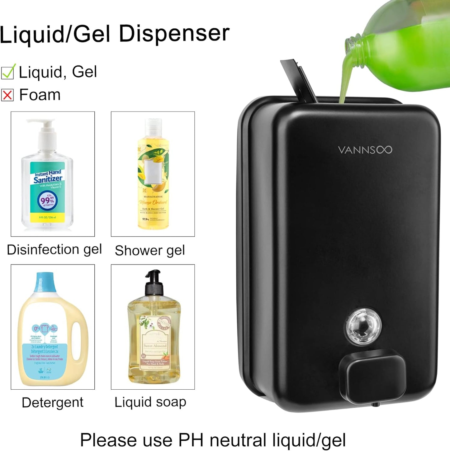 Wall Mounted Hand Soap Dispenser Bathroom, 1200ml 40oz Commercial Stainless Steel Black Liquid Soap Dispenser Wall Mount (Vertical Black)