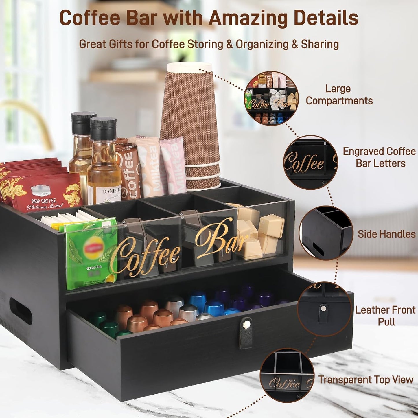 2-Tier Coffee Bar Organizer with Clear Acrylic Top, Built-in Drawer and Leather Handle Pull for Countertop, Stylish Coffee Station Storage Box for Accessories, Pods, Great Gifts for Home