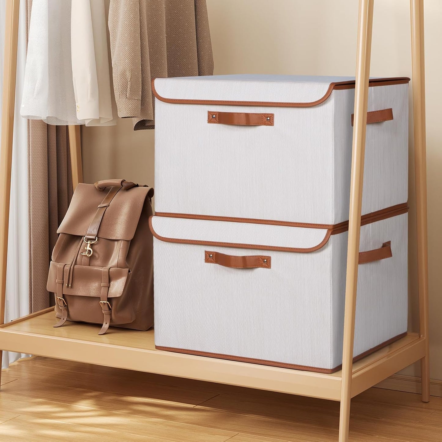 Univivi Heavy Duty Fabric Storage Bins with Lid, Large 17" 10 Gallon Stackable Storage Bins with Leather Handles, Decorative Storage Boxes with Lids for Bedroom, Closet, Nursery, Office, 3-Pack(Beige)