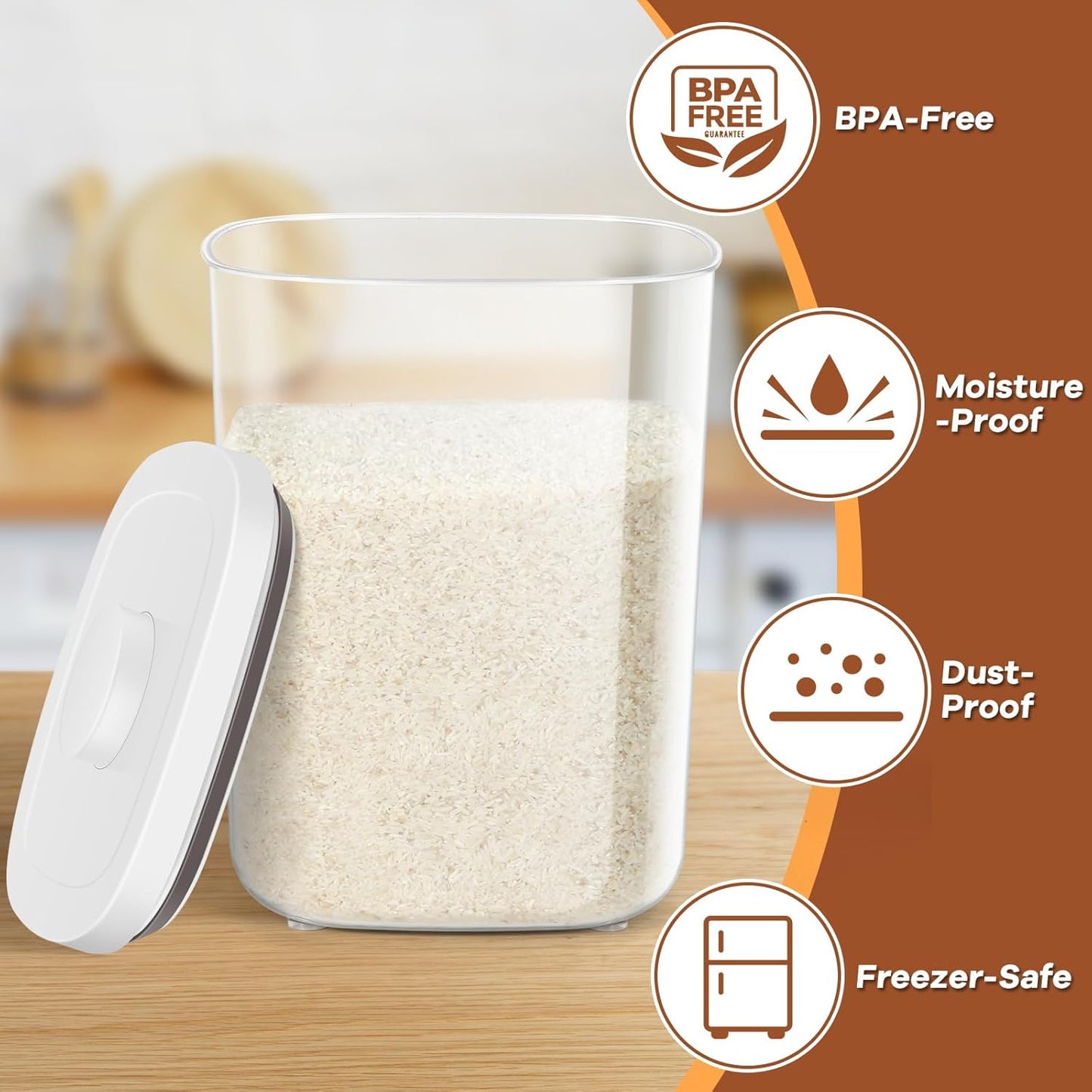 Airtight Rice Container 20 Lbs, Clear PET Plastic Food Storage Container Bin For Flour Sugar, Dry Food Holder with Easy Locking Lid for Kitchen Pantry Organization and Storage