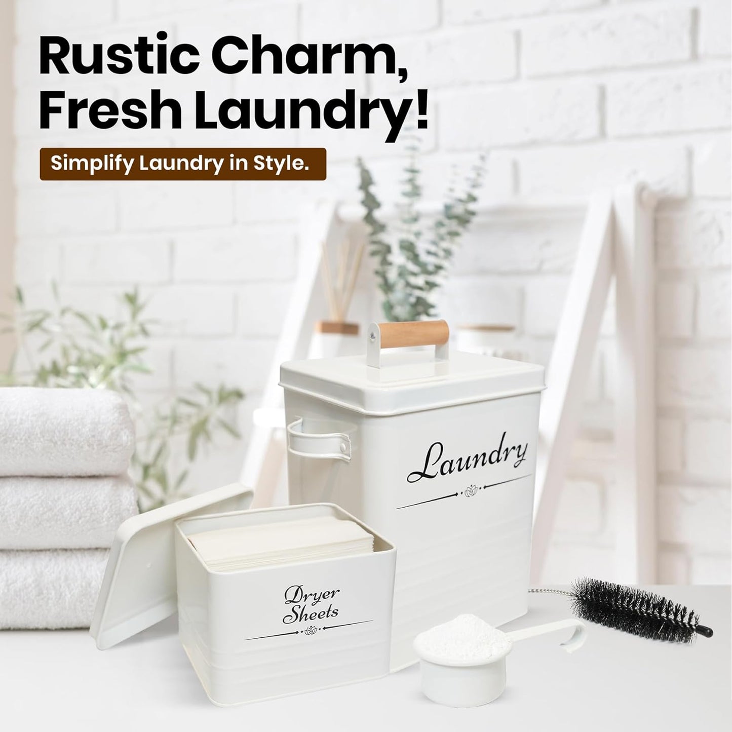 Farmhouse Metal Laundry Pods Container with Dryer Sheet Holder for Organization and Storage, Laundry Room Decor - Holds 156 Pods and 300 Sheets (White)