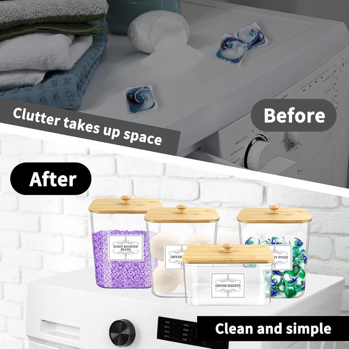 4PCS Laundry Pods Container, Clear Laundry Room Organization and Storage with Bamboo Lids, 3 Premium Scoops & Labels – Ideal for Scent Booster Beads, Dryer Balls, Sheets & Powder