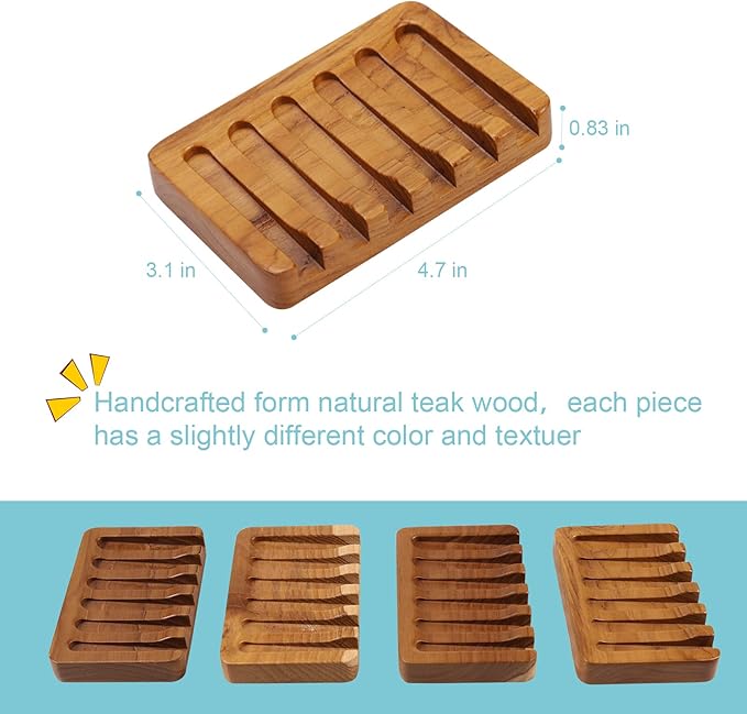 Soap Dish with Slanted Waterfall Design by HTB, Bar Soap Holder Teak Wood, Soap Saver for Shower, Bathroom, Sink, Kitchen and Countertop