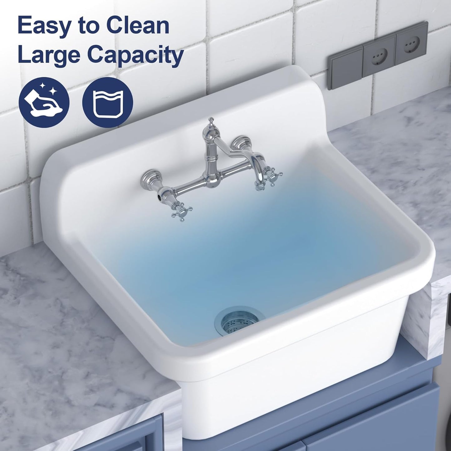 LUCKWIND 24 Inch Wall-Mounted Ceramic Utility Sink, White Farmhouse Sink for Laundry, Bathroom, Kitchen, Garage – Durable High Back Design