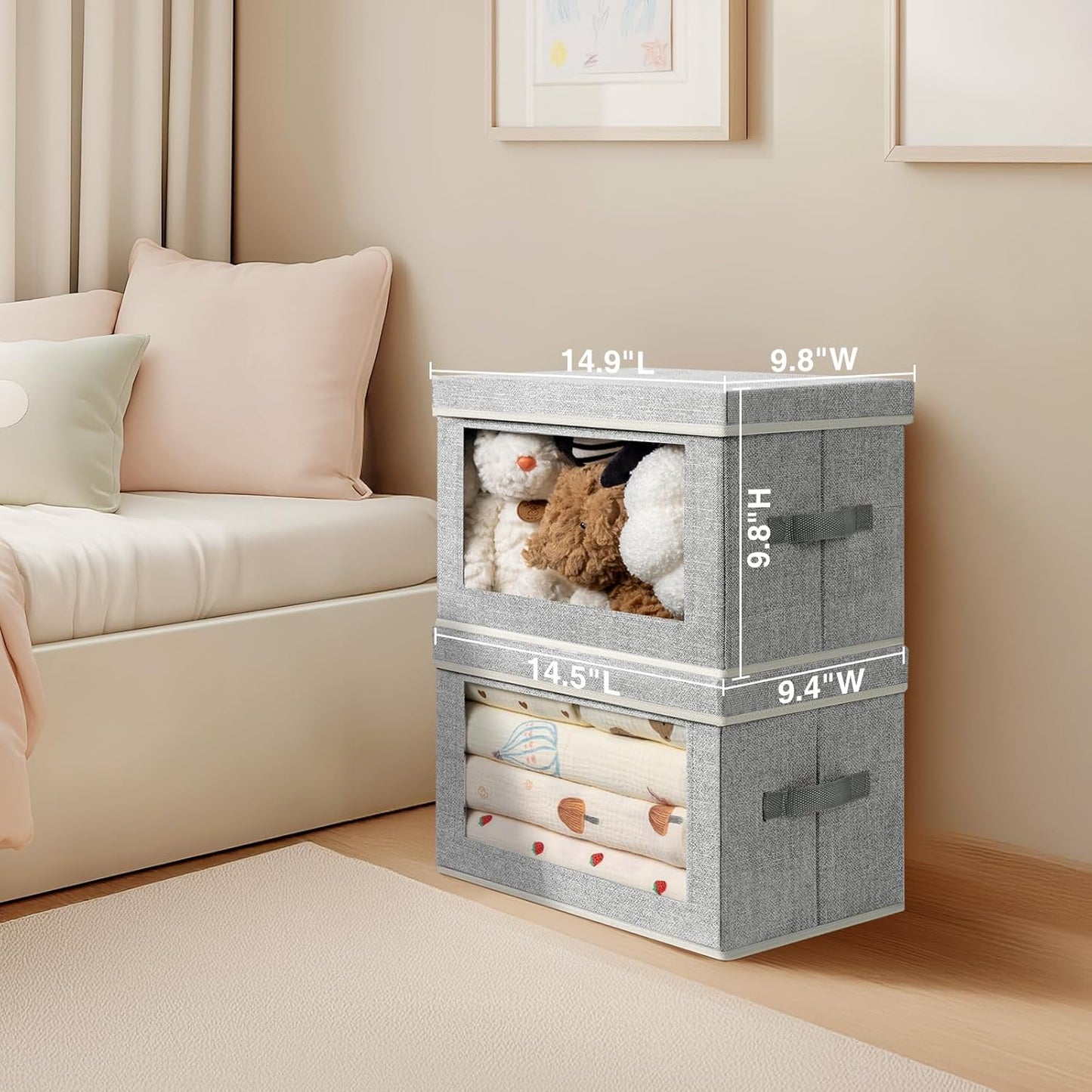 Foldable Storage Bin with Lid - Closet Storage Organizer with Window, Storage Bins with Lids for Clothes, Fabric Storage Baskets for Shelves, Bedroom, Dorm, Light Grey, 4 Pack