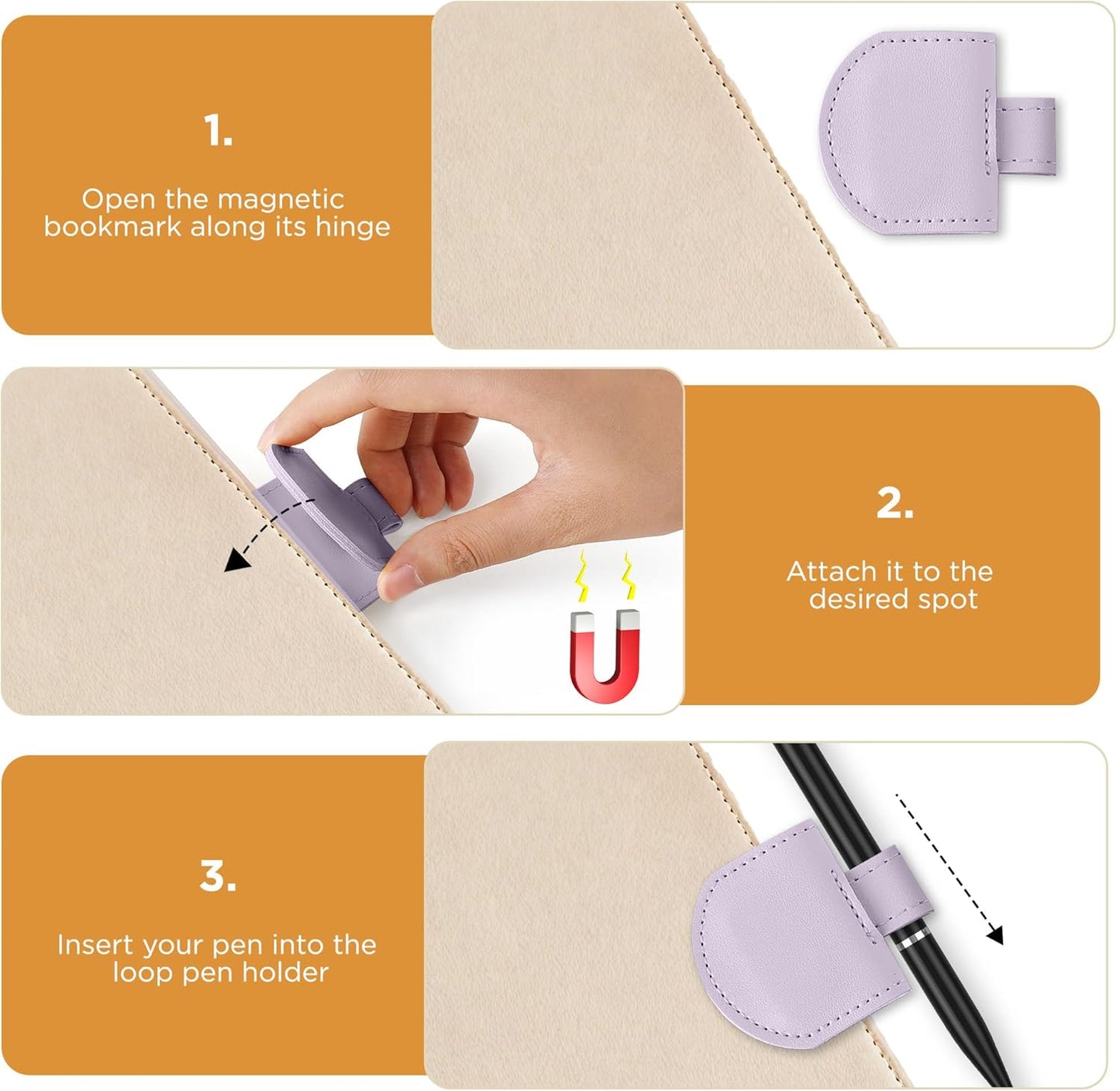 Magnetic Pen Loop Holder, Pencil Holder for Notebooks, Journals, Calendars, PU Leather 3 Pack