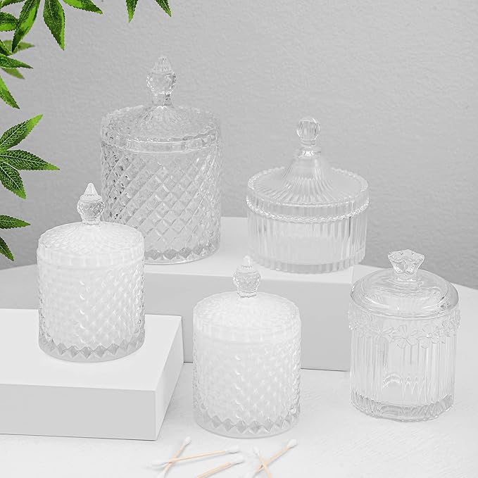 2 Pack Qtip Holder Thick Glass Apothecary Jars with Lid for Bathroom Decor Storage Organizer for Cotton Swabs, Balls, Pads, Floss Picks, Candy, Jewelry, White