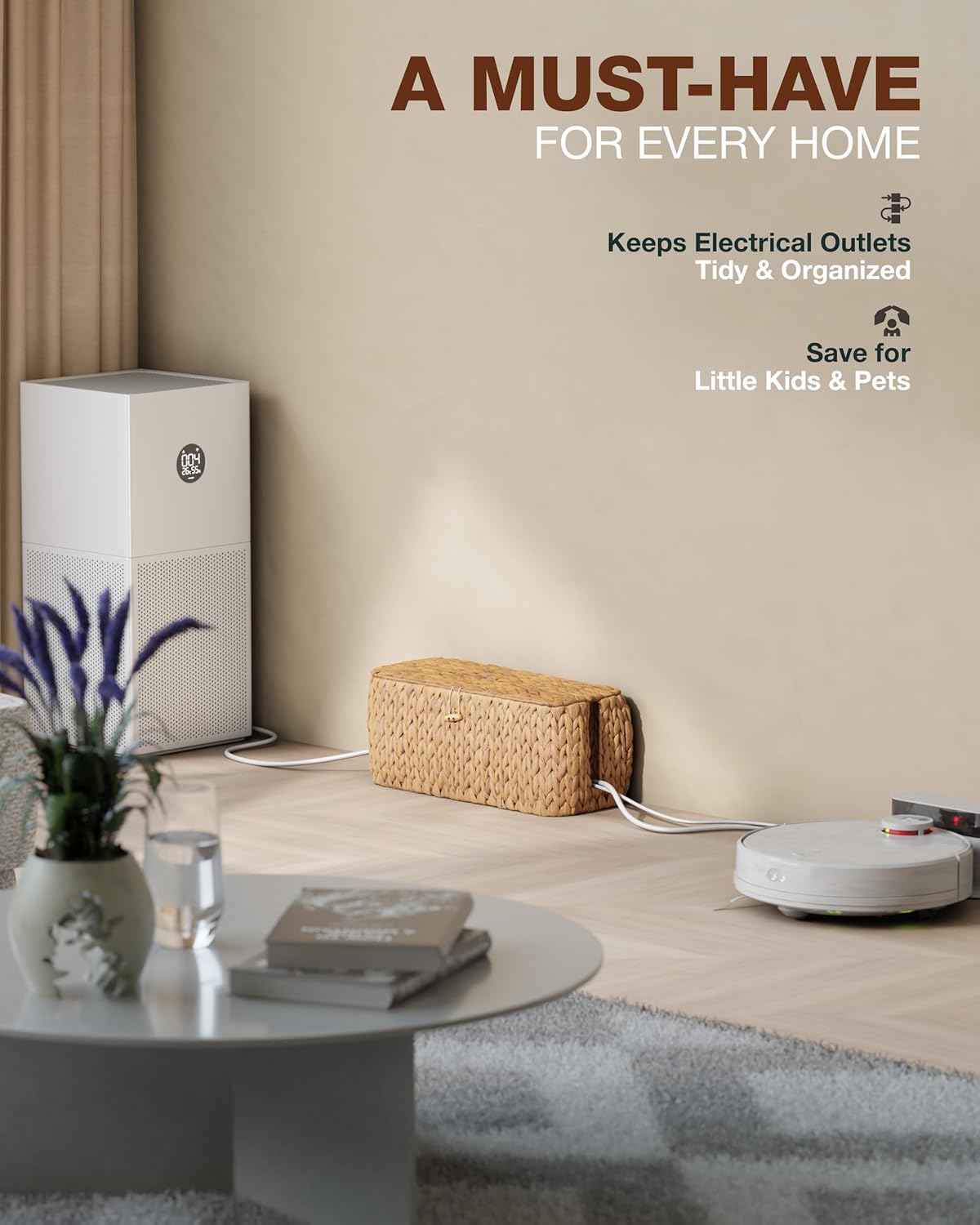 Large Cable Management Box, Natural Rattan Cable Cord Organizer Boxes for Power Strip ā 2 Open Slots Cords Hider Box for TV Wires, Computer, Router, USB Hub and Under Desk Power Strip (Hyacinth)