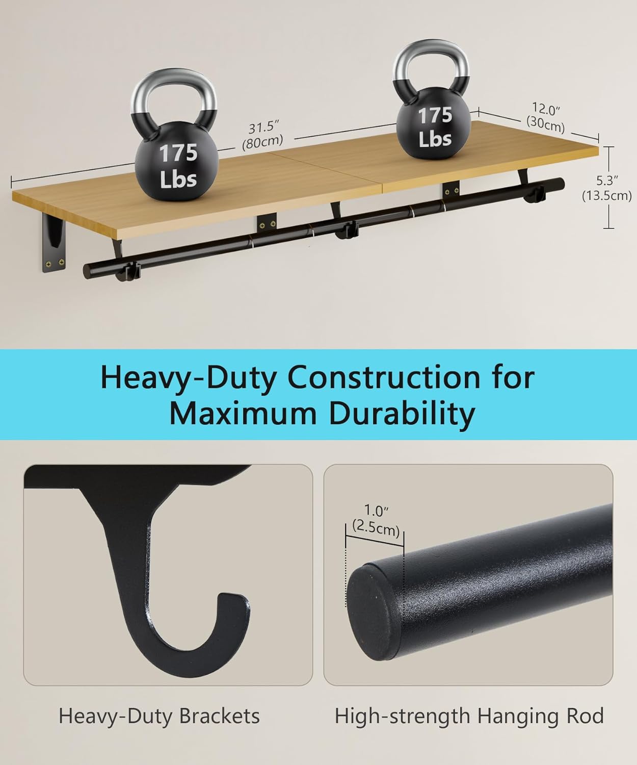 FIRJOY Wall Mounted Clothes Rack, with Top Shelf and Hanging Rod, Heavy Duty (11.8" x 31.5", Black)