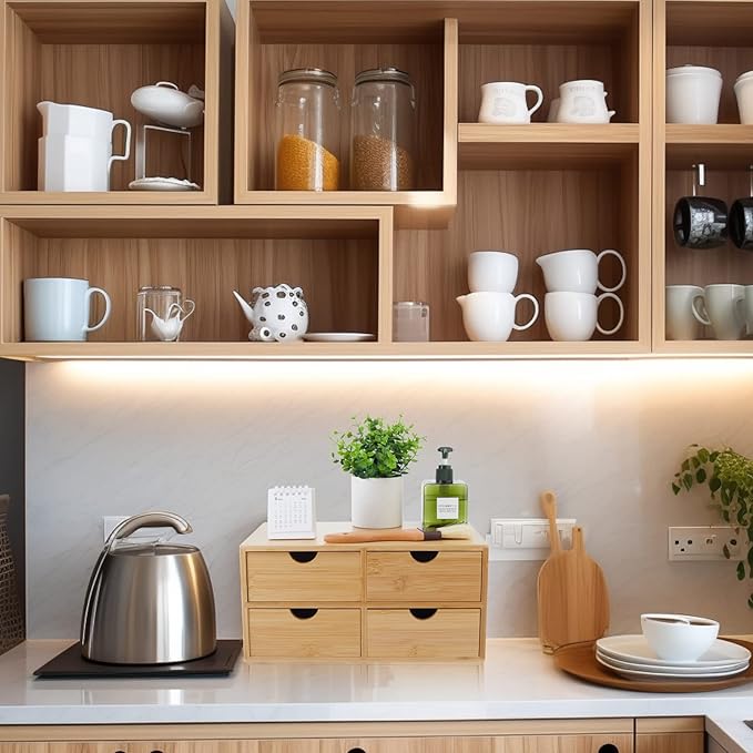 Bamboo Desk Organizer 4 Drawers, Countertop Organizer with Drawers Makeup Storage Drawer 4 Drawers Tabletop Storage Organization Box Home Office Workspace