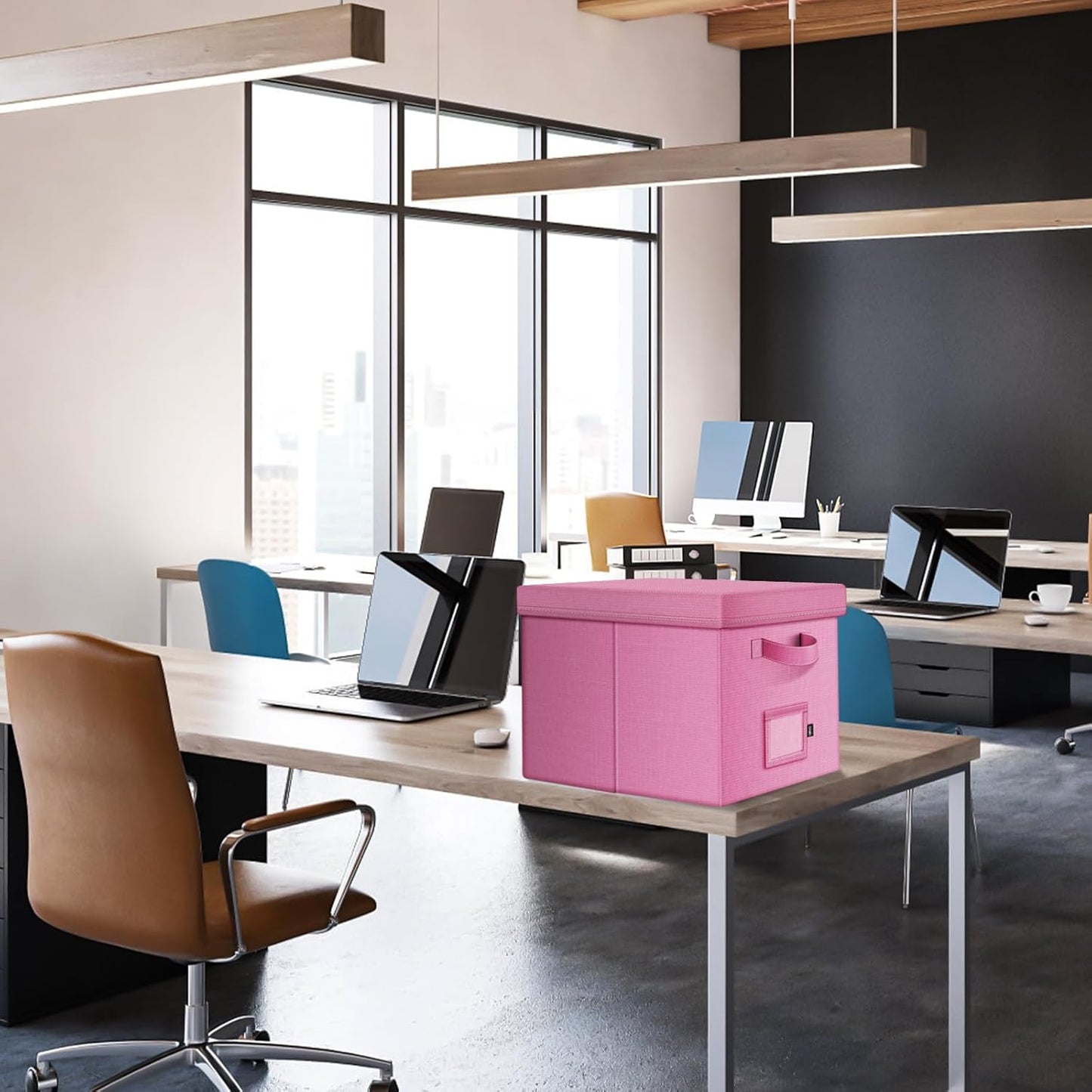 File Organizer Boxes with Lid, Linen Hanging File Storage Boxes with Handle, Collapsible Document Filling Boxes for Letter/Legal Folder, Portable File Box for Office/Decor/Home (2 Pack, Pink)