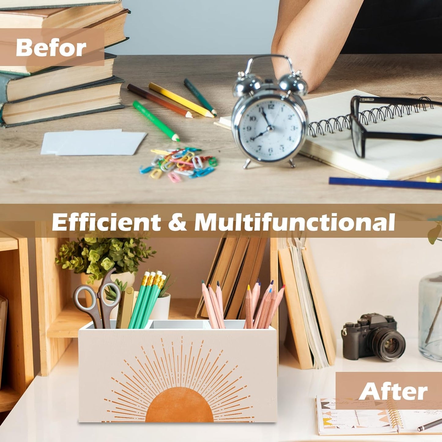 DILSJ Boho Abstract Sunshine Pen Pencil Holder Organizer for Desk, Boho Office Decor, Mid Century Modern Minimalist Sun Sunset Sunshine Wooden Box Signs for Home Office Desk Tabletop Decoration