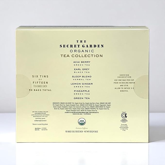 Organic Tea Sampler Gift Set 90 Bags in 6 Designer Tins Premium Assorted Flavors: Acai Berry, Earl Grey, Sleep Herbal, Lemon Ginger, Pineapple, Green Tea
