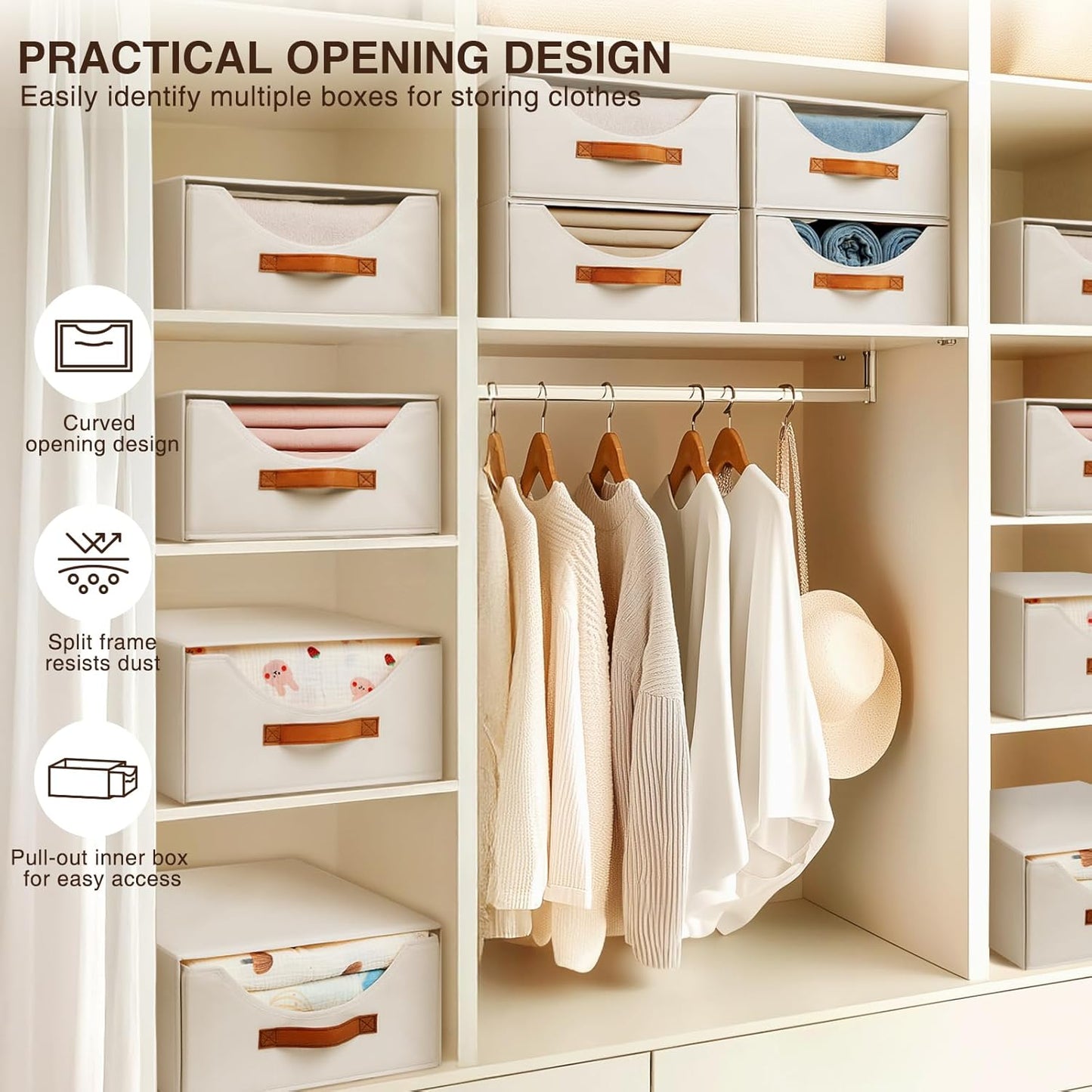 Large Closet Organizers and Storage - Stackable Storage Bins with Drawer, Fabric Containers for Organizing, Collapsible Organizer Bins for Bedroom, 6 Pack, Beige