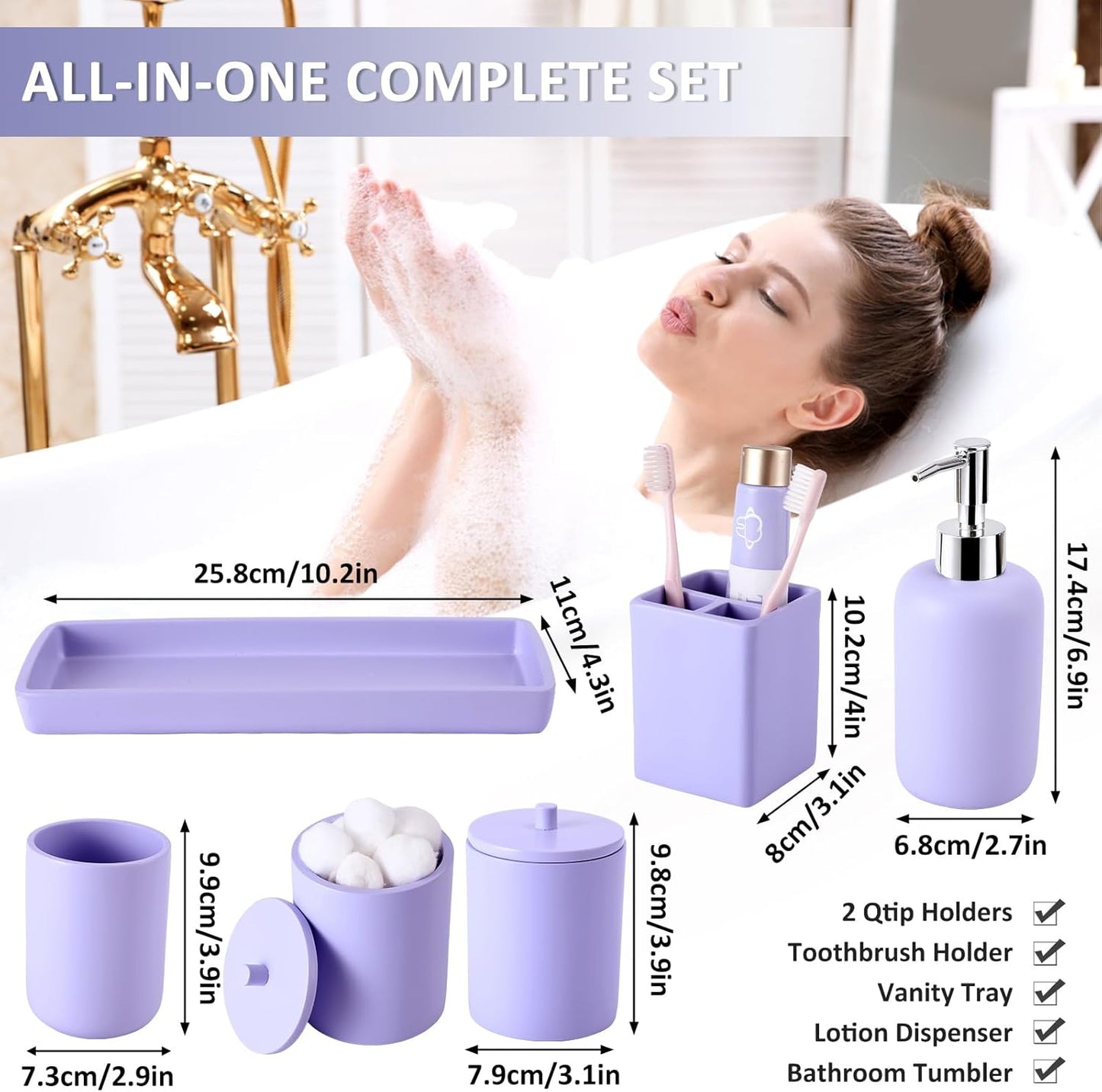 Resin 6 Pcs Purple Bathroom Set Complete with Toothbrush Holder, Lotion Soap Dispenser, 2 Qtip Holder Dispensers,Vanity Tray,Bathroom Tumbler - Countertop Vanity Organizer - Bathroom Accessories