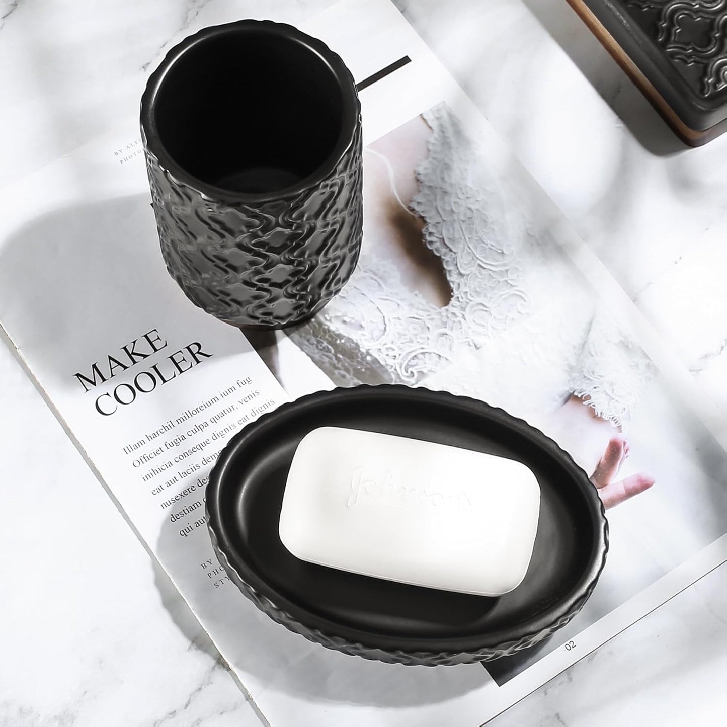 Bathroom Accessories Set 6 Pcs Toothbrush Holder Soap Dispenser Ceramic and Wood Bathroom Set with Trash Can Soap Dispenser Toothbrush Holder Tray Tumbler Soap Dish Black