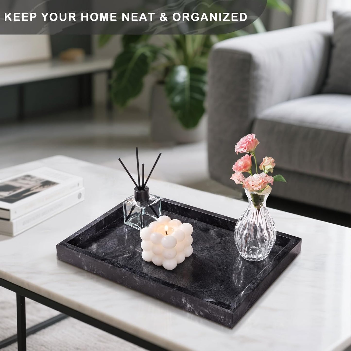 Marble Bathroom Tray for Countertop & Home Decor, Natural Decorative Marble Tray for Jewelry & Perfume Organizer, Luxury Stone Vanity Trays for Dresser, Kitchen Counter, 12" x 8", Gray Black