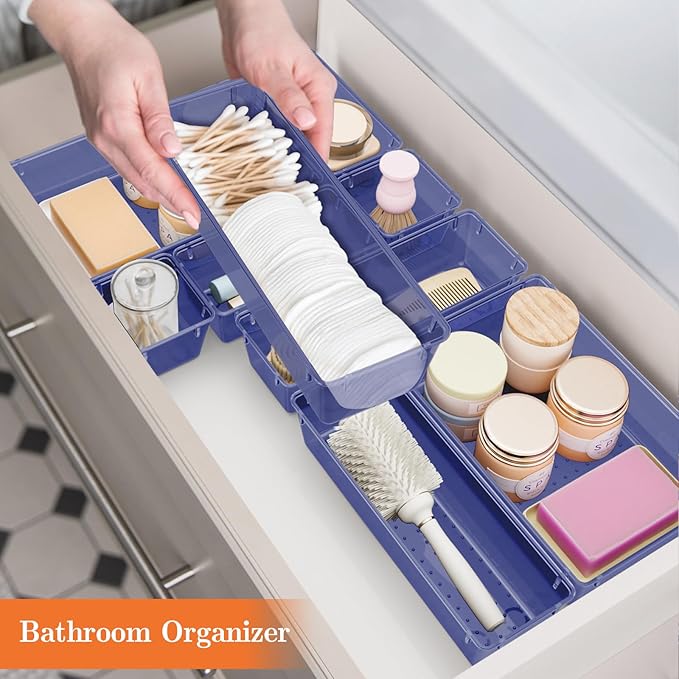 25 PCS Plastic Drawer Organizer Set, 4-Size Versatile Organizer Trays & storage Bins for Makeup, Jewelry, and Gadgets in Bathroom, Bedroom and Office,Dark Blue