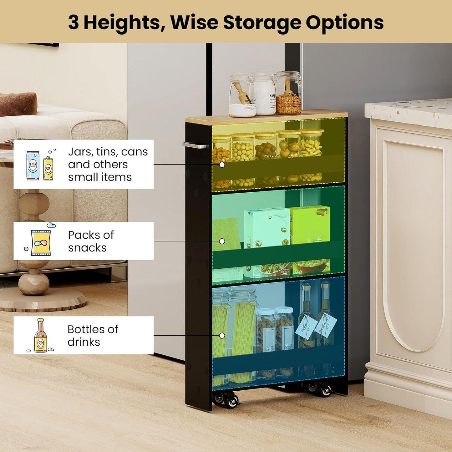 Small Kitchen Cart, 4-Tier Slim Rolling Island w/Handle, Laundry Room Storage Organizers Between Washer and Dryer, Narrow Spice Rack on Wheels Next to Fridge (Black, 5'')