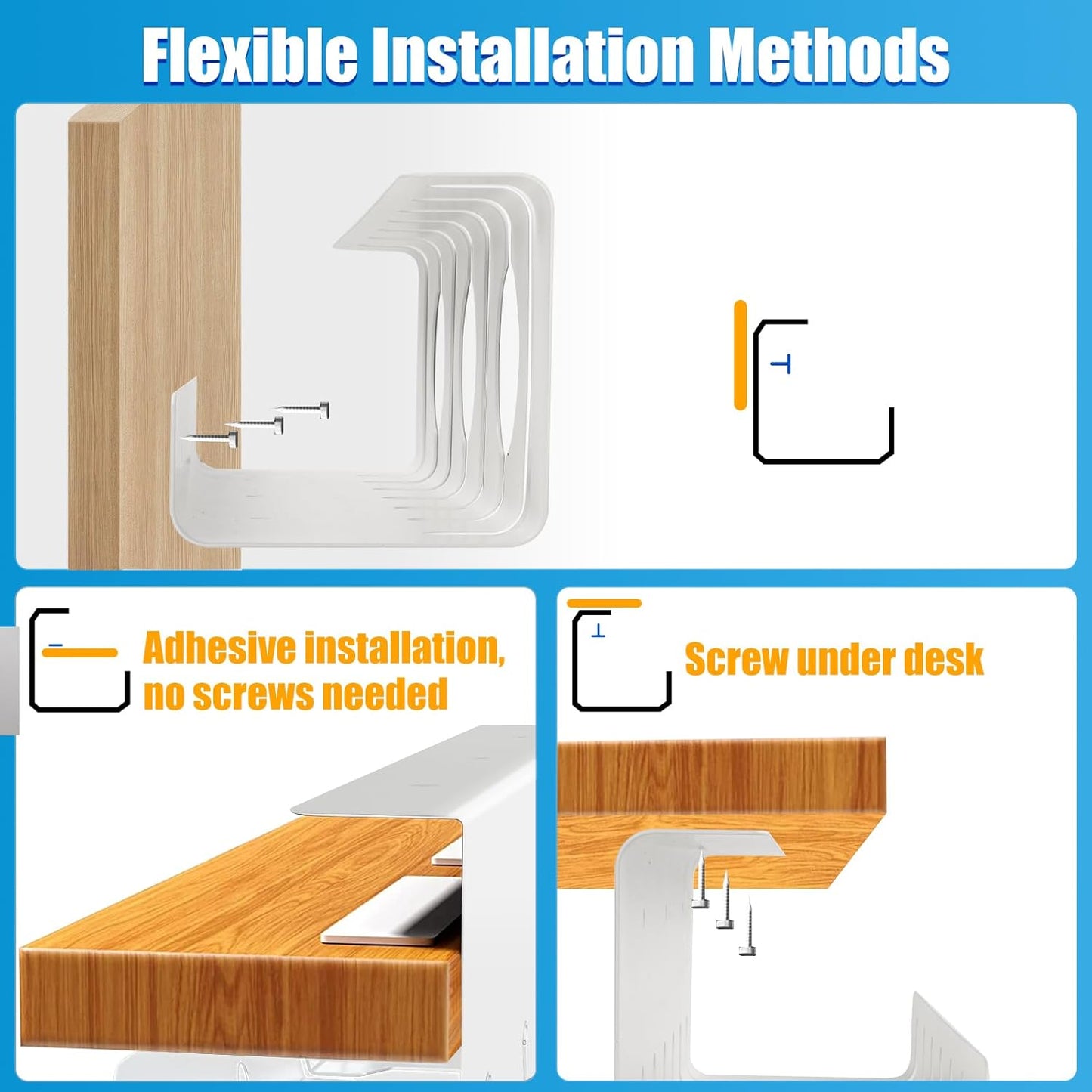 Under Desk Cable Management, 2 Pack 17" Cable Tray Organizer, No Drill or Screw Mount, Standing Desk Cable Management, Cord Organizer, White