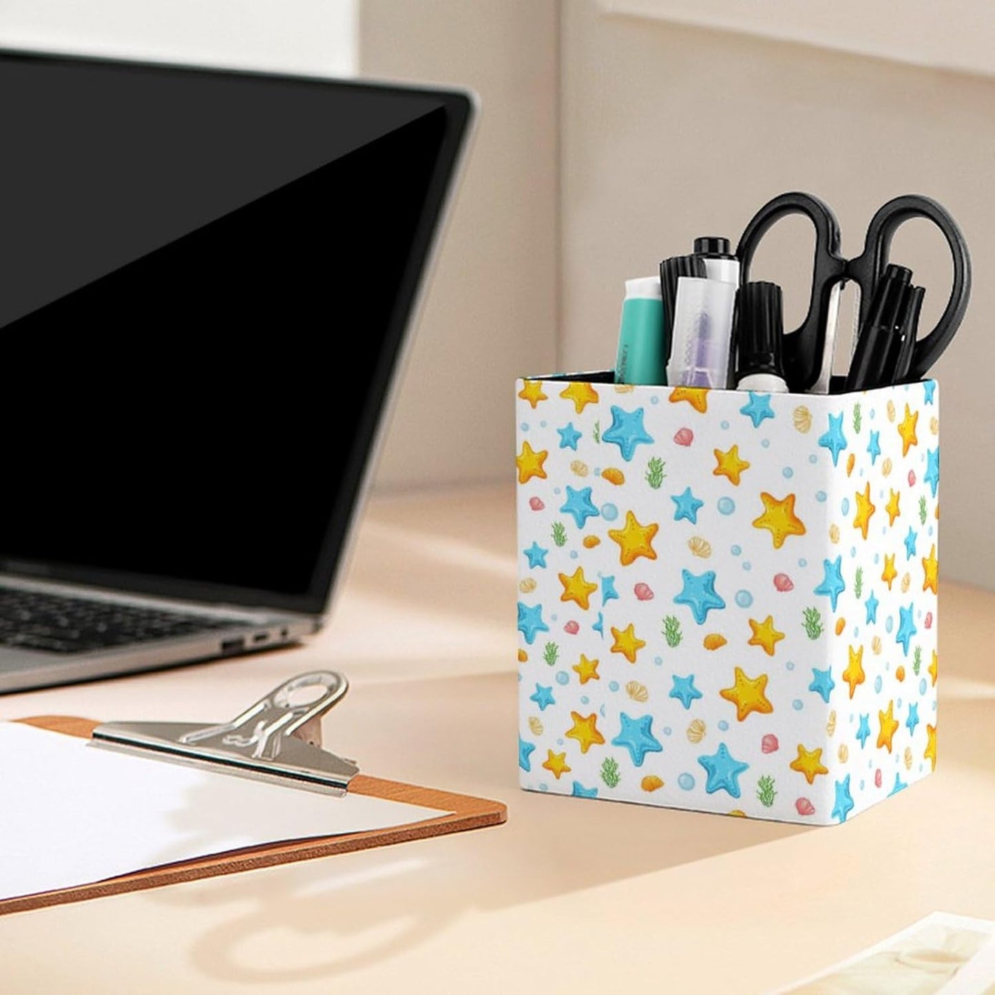Square Pen Holder & Pencil Organizer for Desk - Office Storage Organizer, Markers/Makeup Brushes/Scissors Holder, Compact Desk Decor Accessories for Home Classroom School(Starfish)