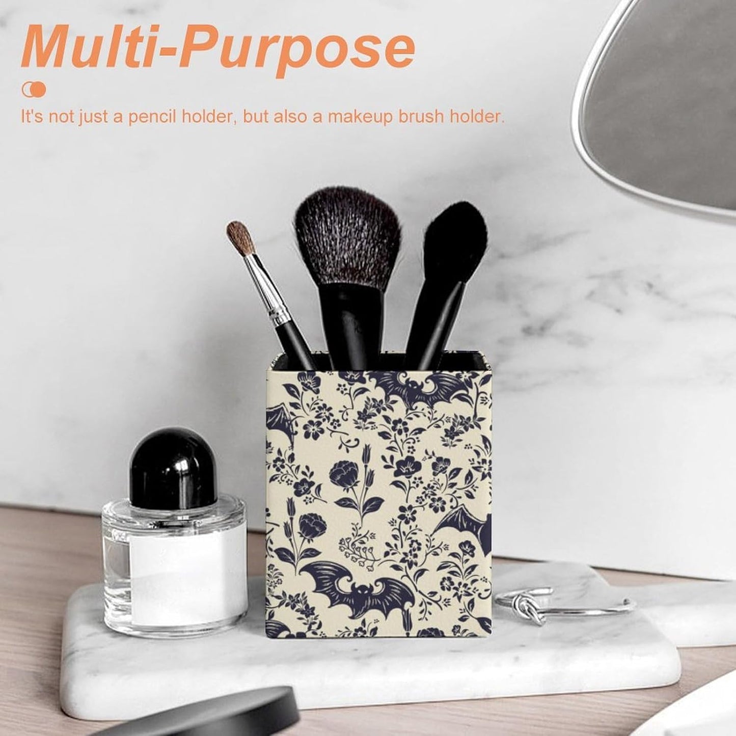 Square Pen Holder & Pencil Organizer for Desk - Office Storage Organizer, Markers/Makeup Brushes/Scissors Holder, Compact Desk Decor Accessories for Home Classroom School(Goth Bats)