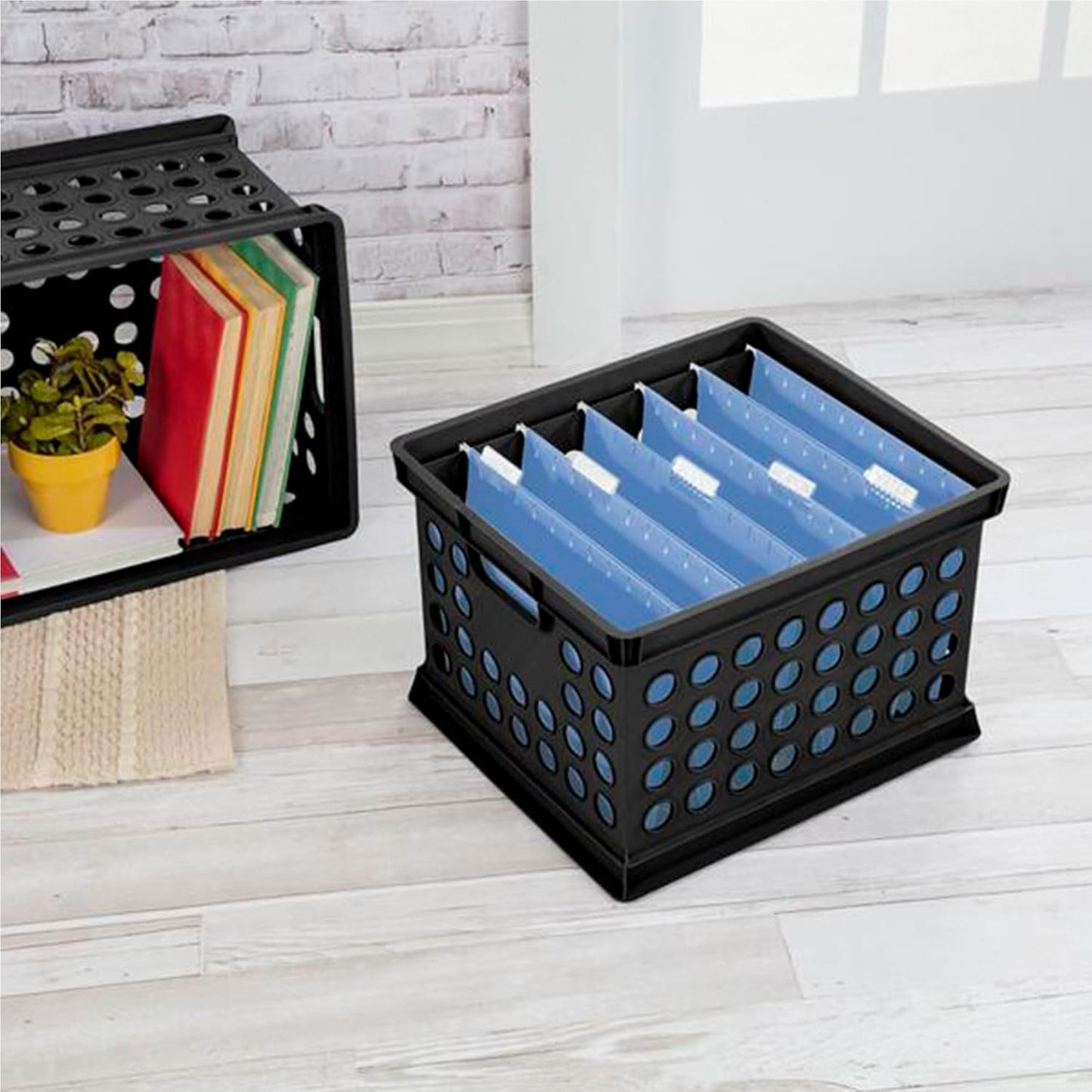Sterilite Stackable Plastic Storage Crate Bin Organizer File Box with Handles for Home, Office, Dorm, Garage, or Utility Organization, Black, 24-Pack
