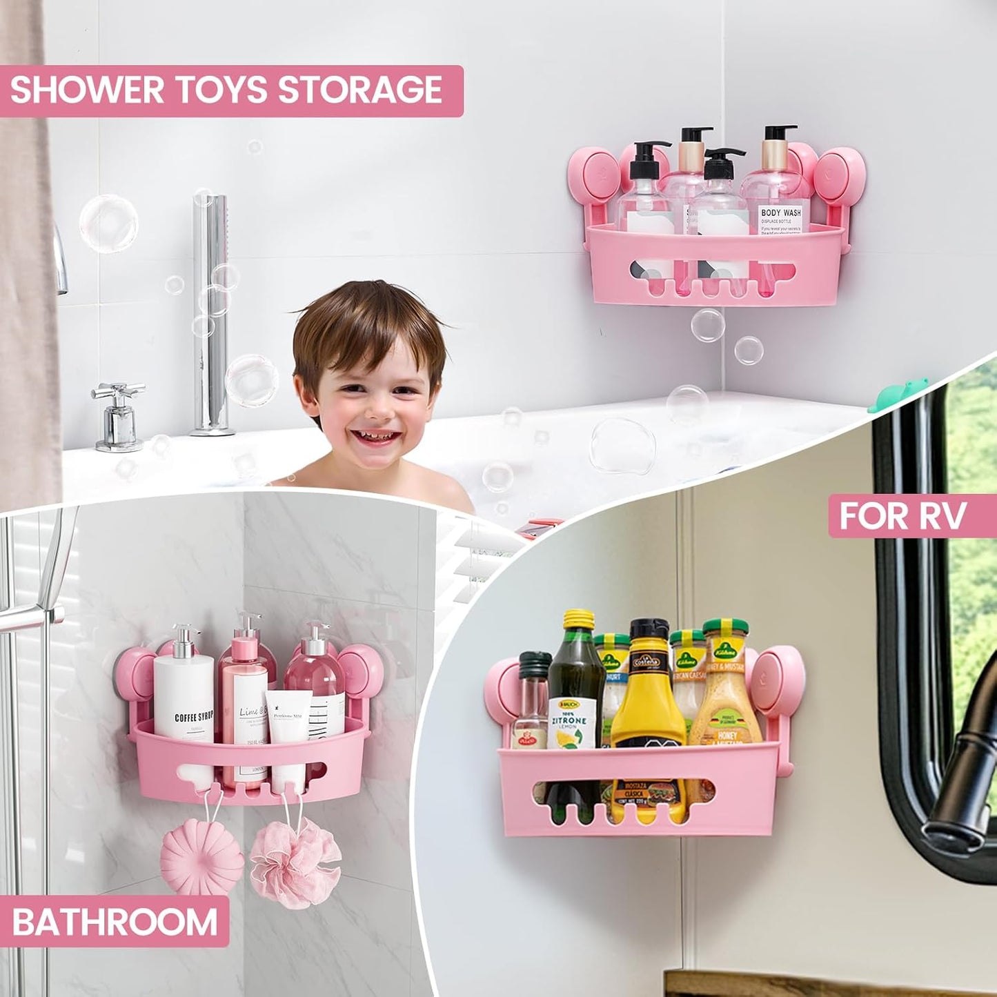 TAILI Corner Shower Caddy with Suction Cups, Wall Mounted Organizer Plastic Rack for Small Bathrooms, Kitchen, Removable Drill-Free Heavy Duty Shelf Basket, PINK