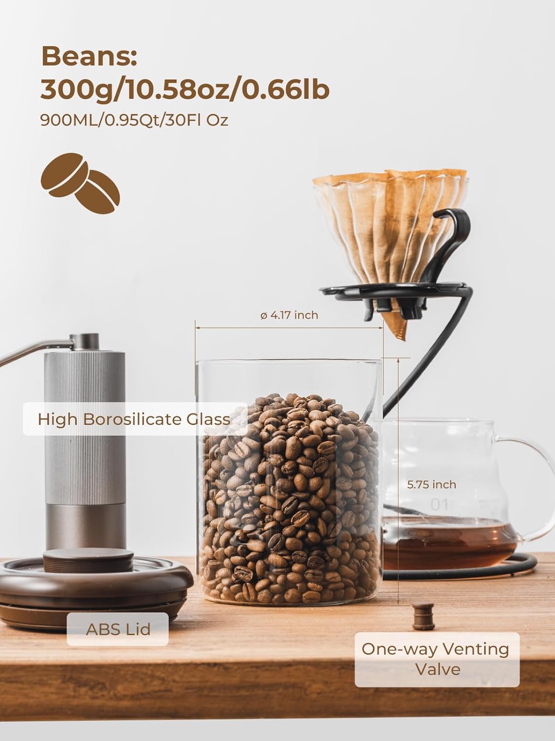 Glass Coffee Bean Jar – Pop Top Air Tight Coffee Bean Container with CO2 Valve, 10 oz Coffee Storage Airtight Canister, 0.63lb