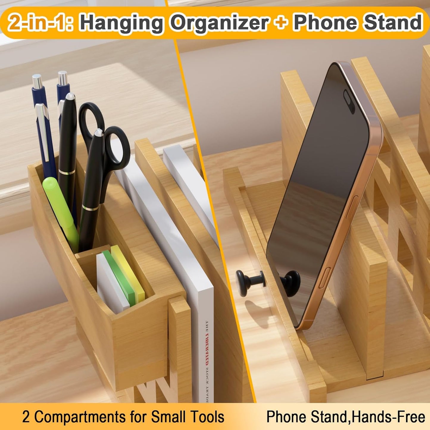 AO LI GEI Wood File Mail Organizer,Expandable Desktop Organizer Paper Sorter Pull Out from 4 to 7 Slots with Hanging Storage Box & Phone Stand,File Holders for Office Desk Home & School 