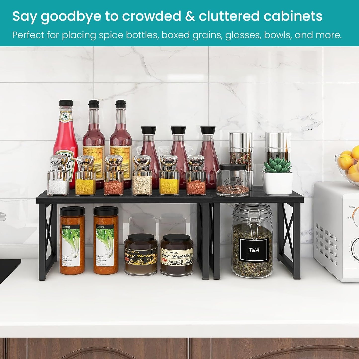 ELITEROO Wood Desktop Shelf, Freestanding Small Bookshelf Dorm Supplies Organizers, 2 Tier Independent Stackable Desk Stand, Adjustable Storage Organizer, Kitchen Counter Display Rack, Black