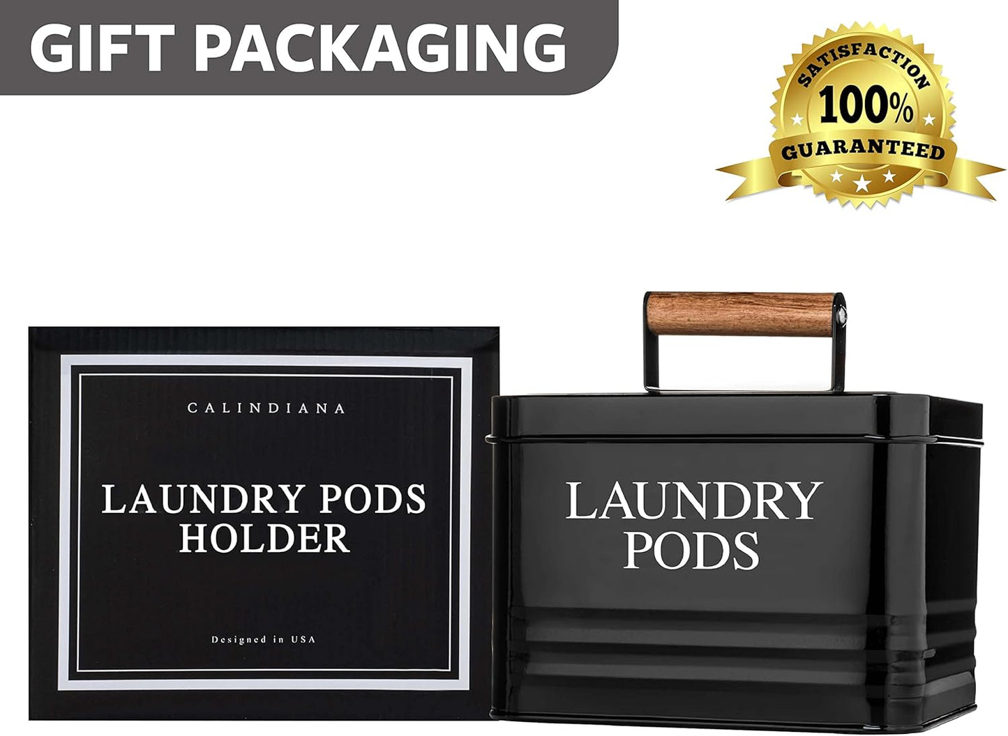 Calindiana Modern Farmhouse Metal Laundry Pods Holder with Lid - Space Saving Organization, Holds 81 Pods, Black