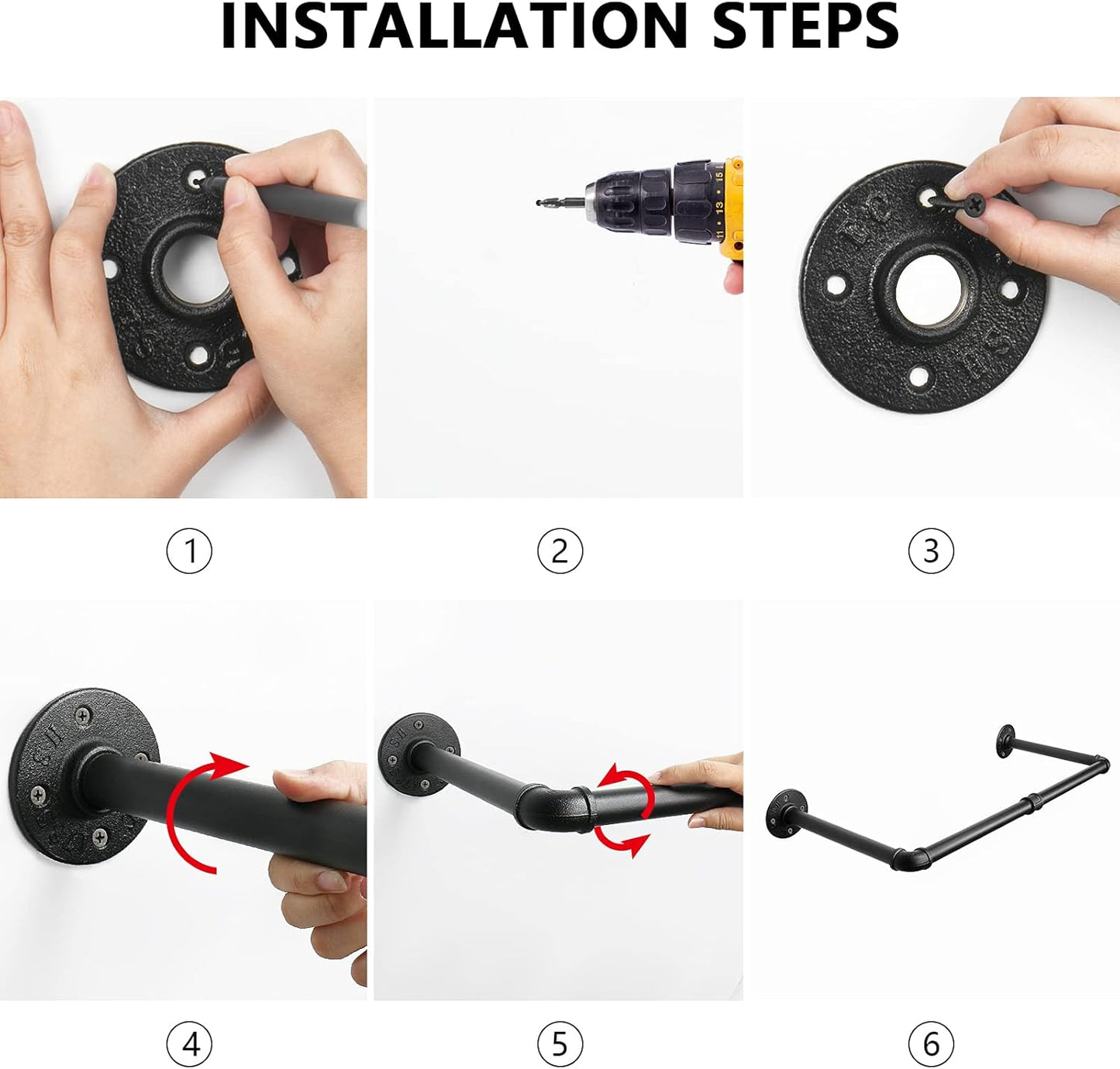 Industrial Iron Pipe Clothes Hanging Bar DIY Wall-Mounted Garment Rack Heavy Duty Clothing Rack for Bedroom, Laundry Room, Closet Storage (Black 24 inch)