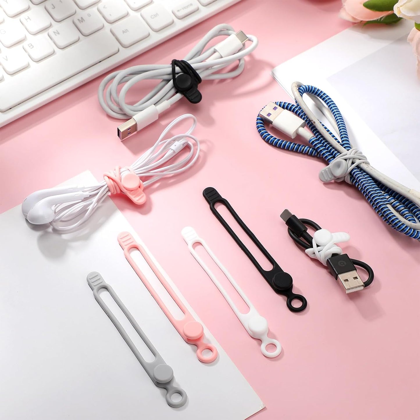 Nuanchu 40 Pcs Silicone Cable Ties Reusable Holder Adjustable Straps Multipurpose Charging Cable Organizer for Fastening Charging Cords Wires(4.17 Inch,Gray)