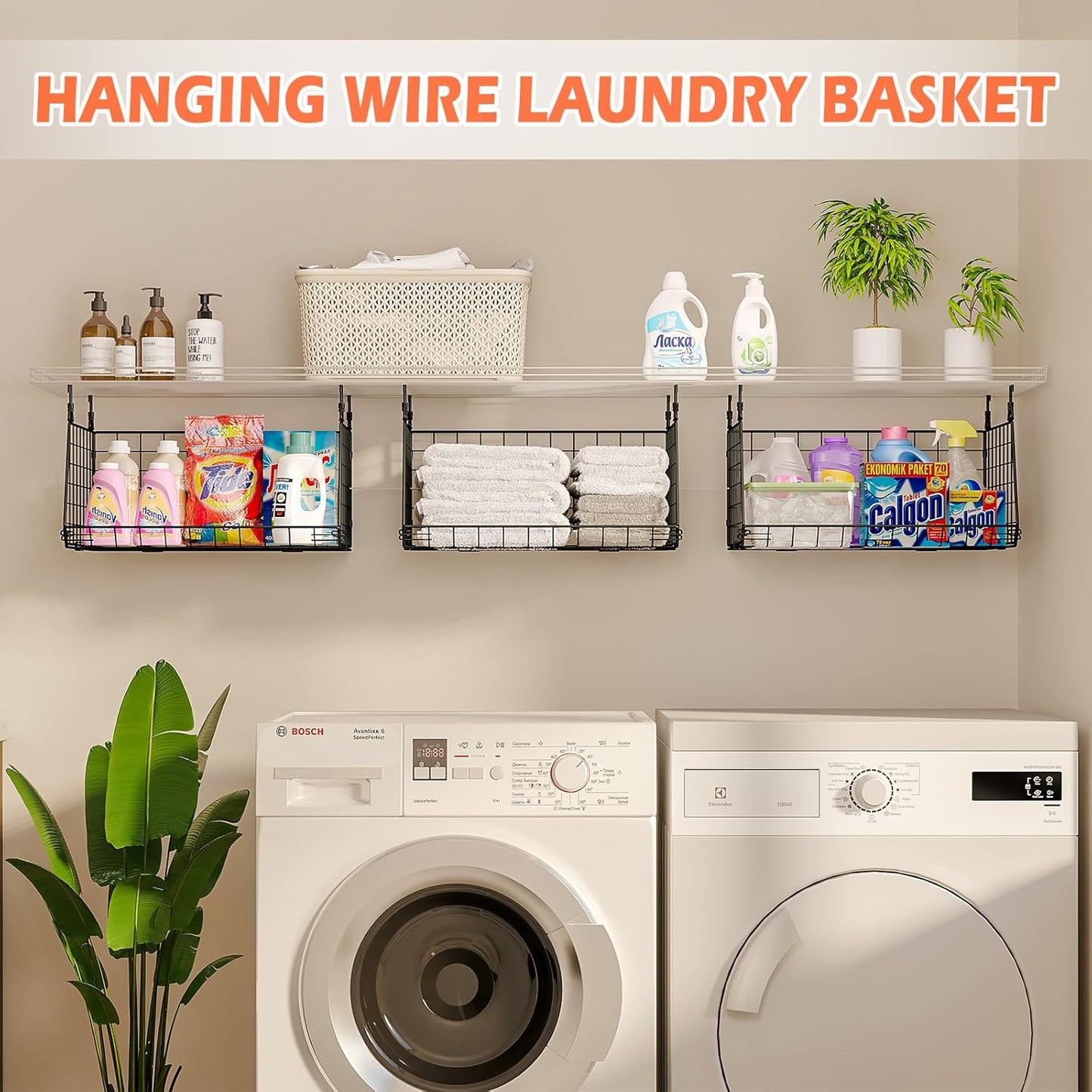 3-Pack Hanging Laundry Room Organizaton (No Shelve Included):Foldable Laundry Wire Basket with 360°Rotating Hooks Small Space Organization Over Washer and Dryer Shelves, Closet Organizer, Black Patent