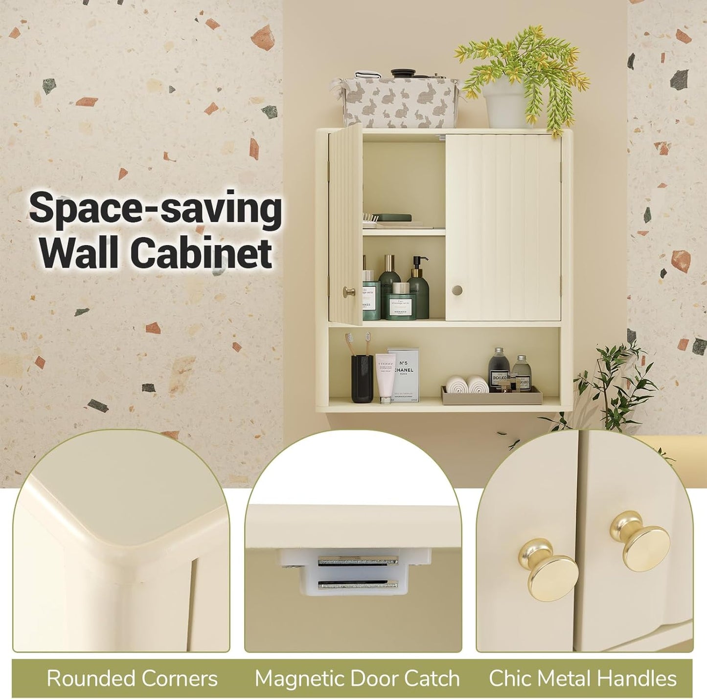 Giantex Wall Mounted Bathroom Cabinet, Fluted Modern Medicine Cabinet with Doors, Adjustable Shelf, Floating Over The Toilet Space Saver Storage Cabinet for Laundry Room, Kitchen (Cream White)