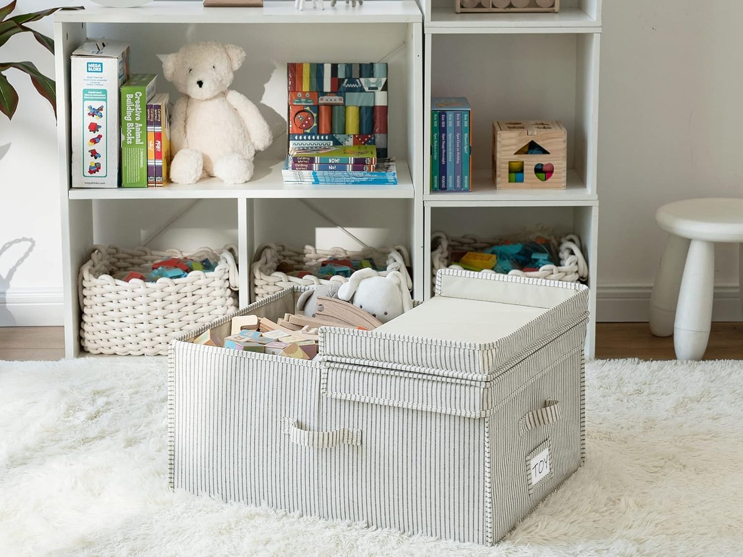 StorageWorks Extra Large Storage Bins with Lids, 55L Decorative Organizer with Divider Board, Fabric Boxes with Handles, Khaki and Beige Stripes, 2-Pack