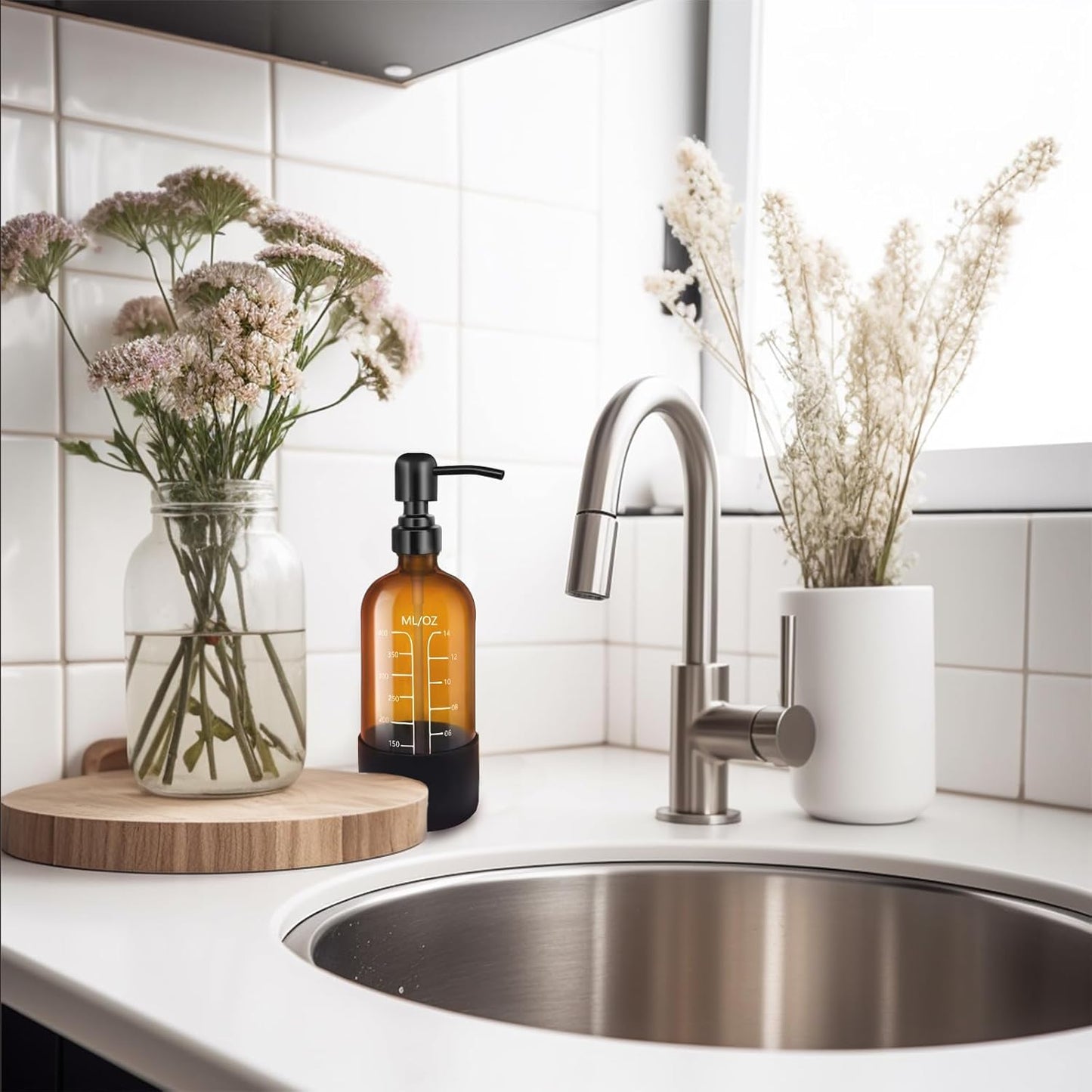 16oz Amber Glass Soap Dispenser with Stainless Steel Pump and Silicone Base for Kitchen and Bathroom, Set of 2