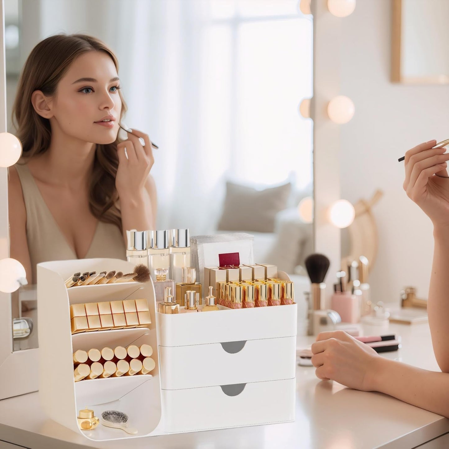 Makeup Organizer with 2 M Drawers & Brush Holders - Cosmetic Storage Case for Vanity, Bathroom Countertop & Desk - Skincare & Office Supplies Organizer (All White, M)