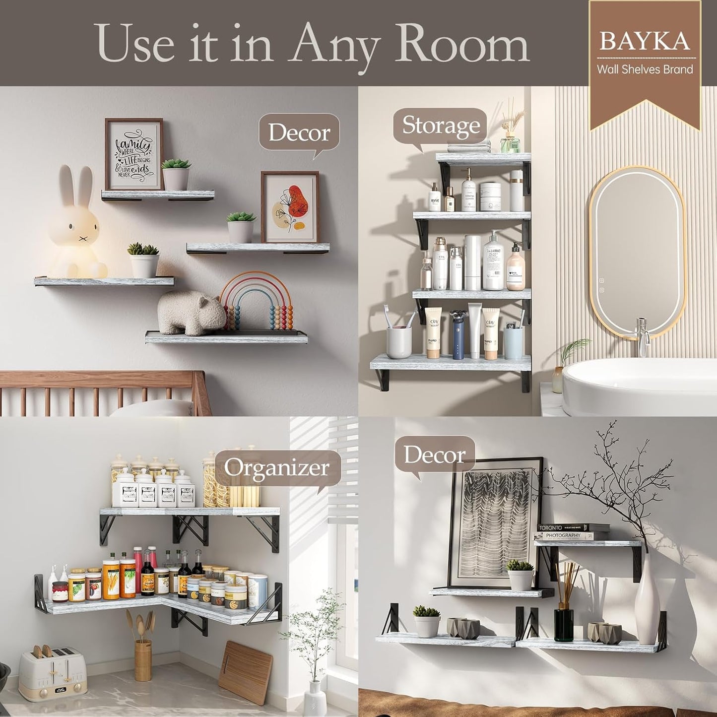 BAYKA Wall Shelves for Bedroom Decor, Floating Shelves for Living Room Kitchen Storage, Wall Mounted Rustic Wood Floating Shelves for Kids Books, Corner Shelf for Bathroom(Gray White,Set of 4)