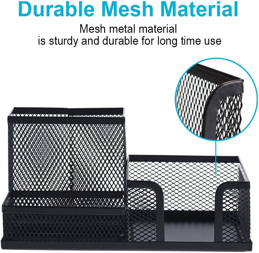 2-Piece Desk Pen & Pencil Organizer - Mesh Metal Pen Cup with Sticky Notes Holder, Black