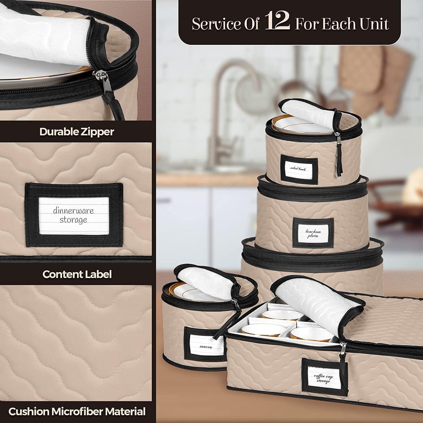 China Storage Containers 5-Piece Set Moving Boxes for Dinnerware, Glasses, Plates, Mugs and Saucers Sturdy Quilted Microfiber Dish Organizer with Dividers for Seasonal Storage - Holds Set of 12, Brown