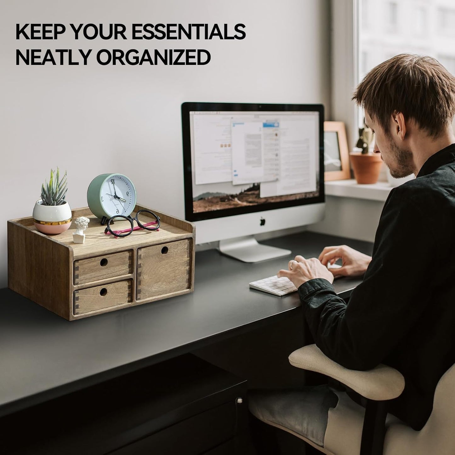 KIRIGEN Desk Organizer with 3 Drawers - Wood Drawer Storage Box with Trays for Tabletop - Workspace Office Toiletries Supplies Tool Caddy - Wooden Storage Cabinet1 Layer Dark Brown(DT1D3C-DBR)