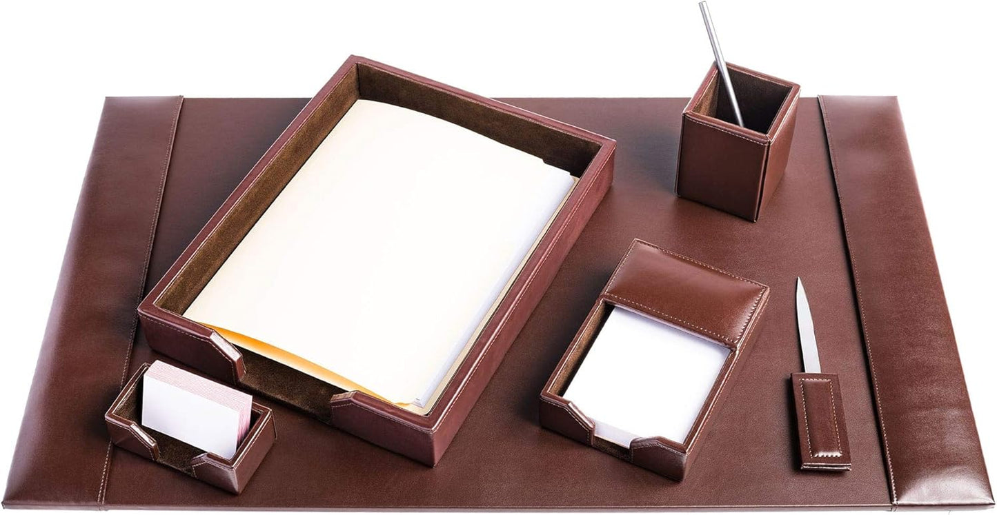 Dacasso Bonded Set Luxury Leather Desk Pad & Desk Organization Essentials, 6 Piece, Dark Brown