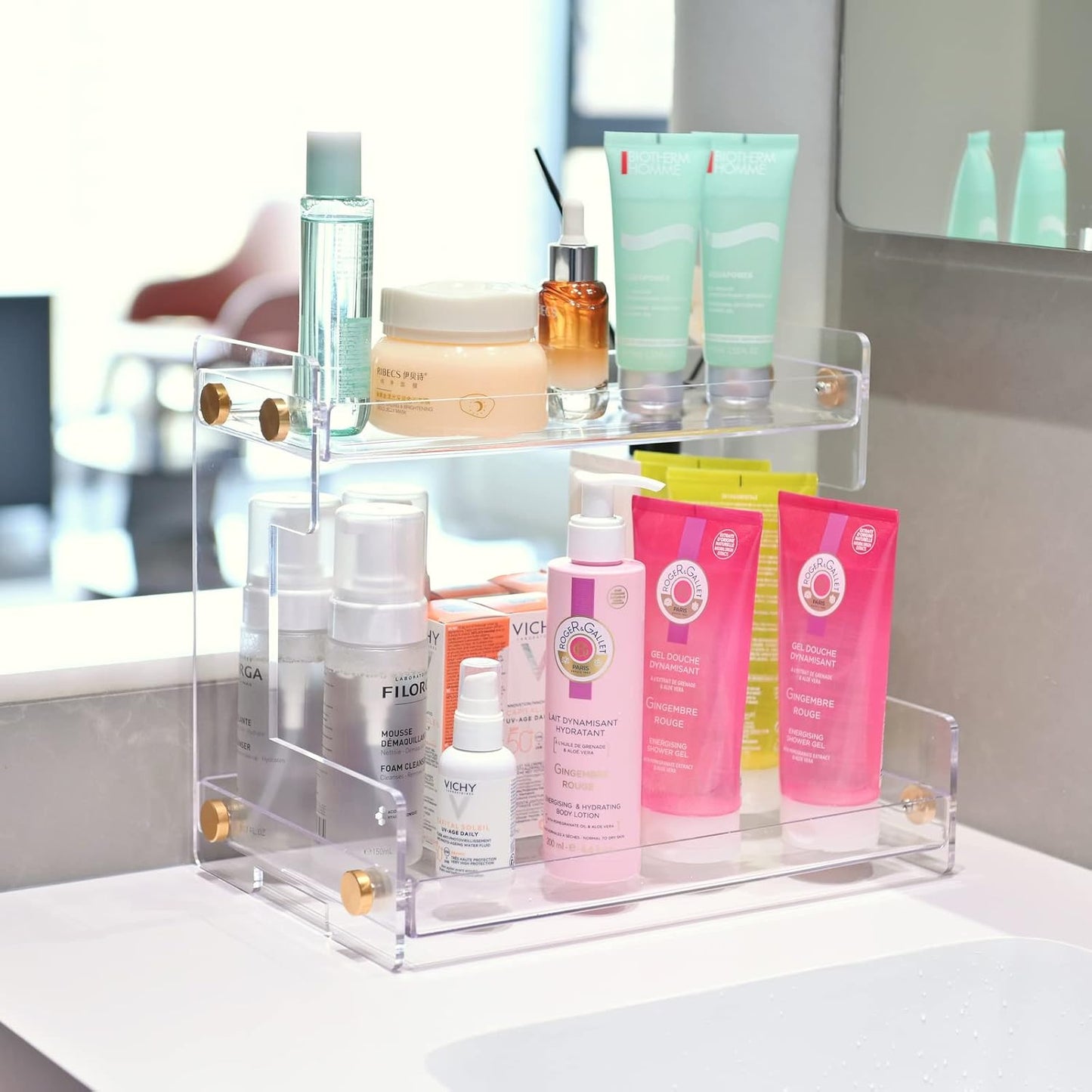 FFK Bathroom Organizer Countertop 2-Tier Storage:Bathroom Counter Organizer Acrylic Standing Holder Cosmetic Storage Perfume Shelf for Bathroom Bedroom Dressing Table1